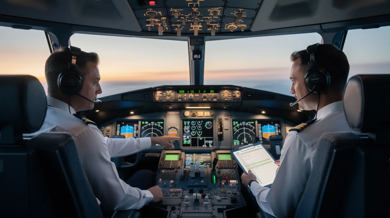 The image shows two experienced pilots in an aircraft cockpit, intently reviewing flight instruments and data displays, which are crucial for ensuring a safe and efficient flight. This scene highlights the importance of skilled flight crews in private aviation, particularly for those considering private jet ownership or charter services.