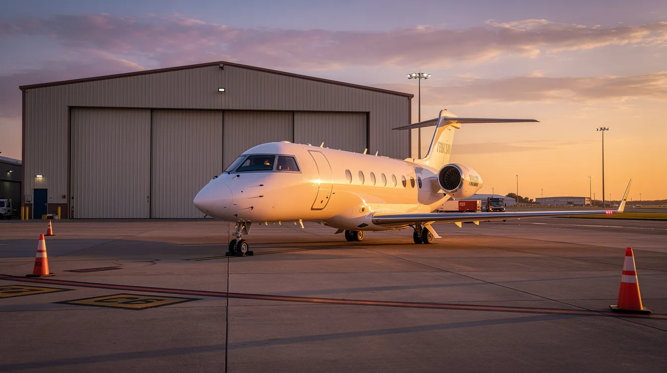 A sleek private jet is parked beside a quiet airport hangar, bathed in the warm hues of sunset. This luxurious aircraft represents the pinnacle of private aviation, ideal for business travelers seeking comfort and efficiency in their flights.