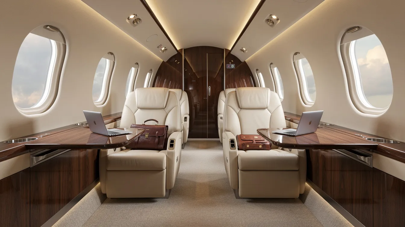 The image showcases a luxurious private jet cabin designed for business travelers, featuring wide, comfortable seats and soft, ambient lighting that enhances cabin comfort. This spacious cabin, ideal for premium flying experiences, reflects the elegance and efficiency of private aviation.