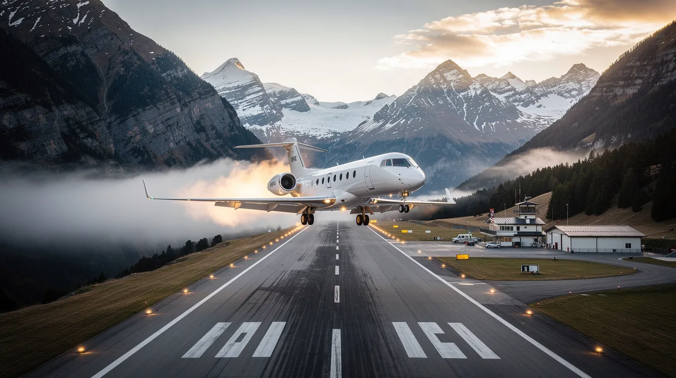 A private jet is seen taking off from a mountain airport runway, showcasing its sleek design and powerful performance. This scene highlights the appeal of private aviation for business travelers seeking efficient and luxurious flight options.