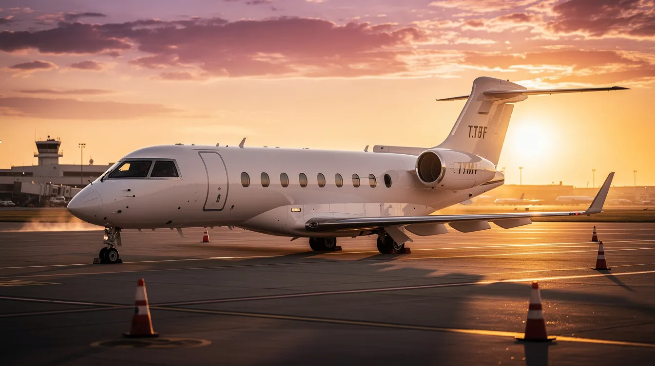 A sleek private jet is parked on the tarmac during a stunning golden hour sunset, casting warm hues on its polished surface. This scene captures the allure of private aviation, symbolizing the significant financial commitment and ongoing costs associated with owning a private jet.