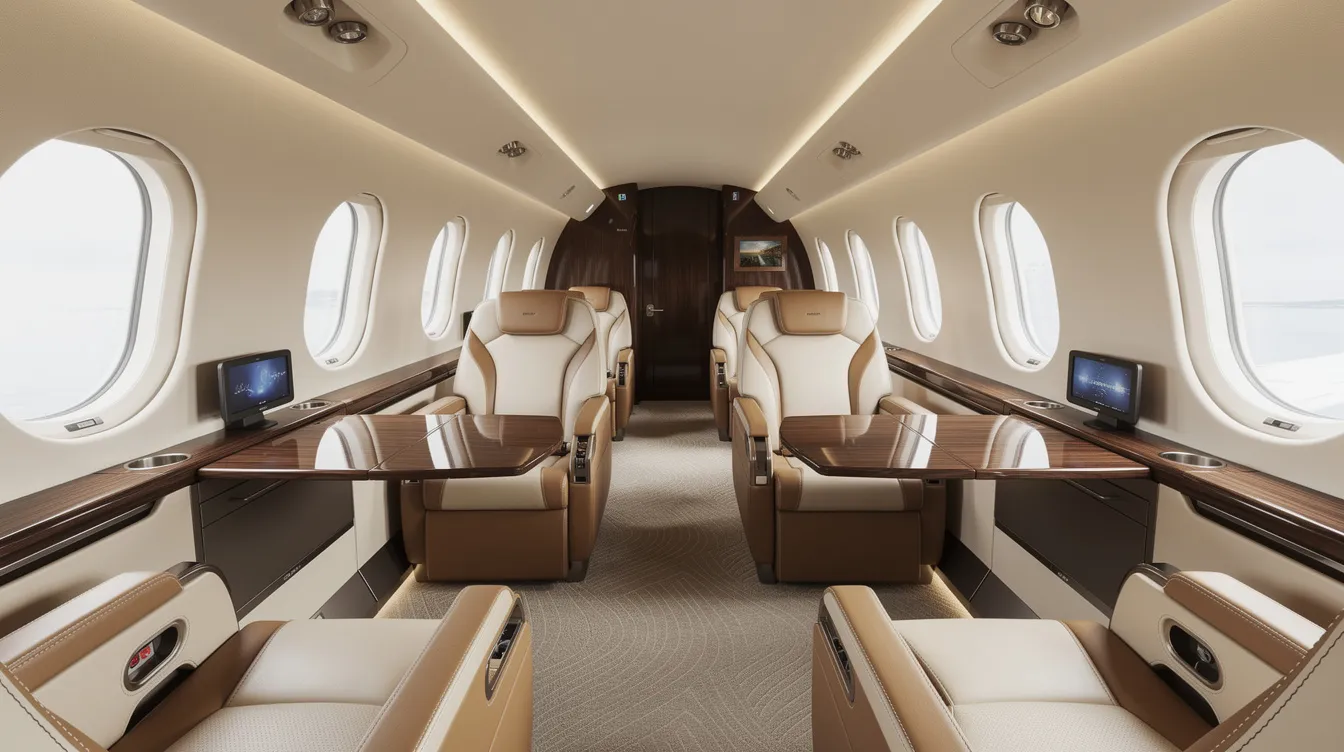 The image depicts the luxurious interior cabin of a modern business jet, featuring plush leather seats arranged for comfort and elegance. This private jet exemplifies the high-end experience associated with private aviation, where private jet owners enjoy both style and functionality during their flights.