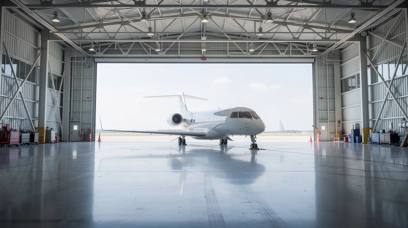 The image depicts a sleek private jet parked inside a spacious aircraft hangar facility, showcasing the luxury of private aviation. This setting highlights the significant financial commitment involved in owning a private jet, including ongoing costs such as hangar fees and maintenance expenses.