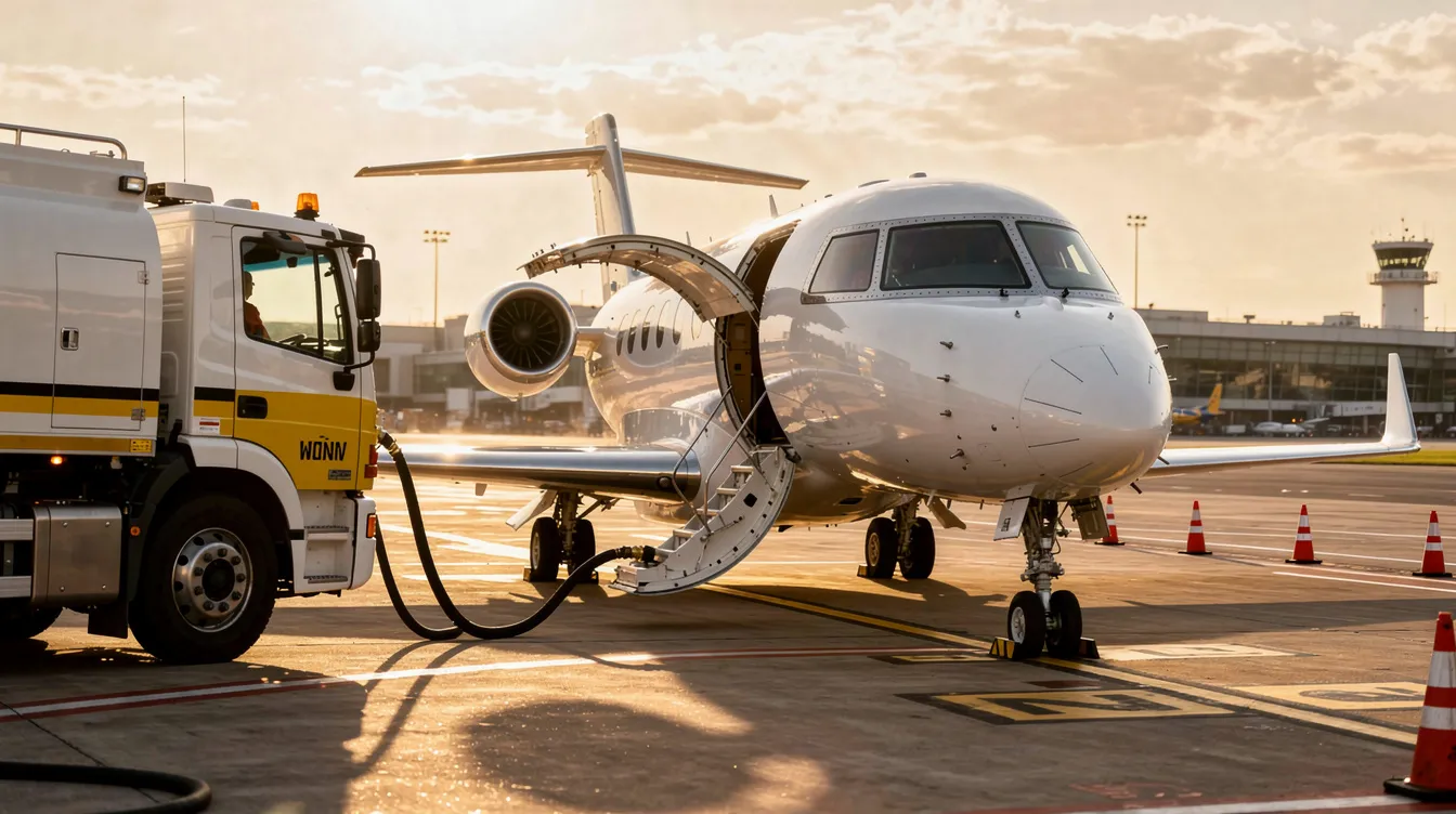 A private jet is being refueled by a fuel truck on an airport runway, highlighting the ongoing costs associated with private aviation, including fuel consumption and maintenance expenses. This scene reflects the significant financial commitment required for private jet ownership, which encompasses various operating expenses and management fees.