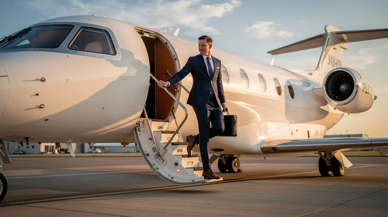 A business professional in a tailored suit is seen boarding a sleek private jet, symbolizing the luxury and convenience of private aviation. This image captures the essence of private jet ownership, reflecting the significant financial commitment and ongoing costs associated with owning a private aircraft.