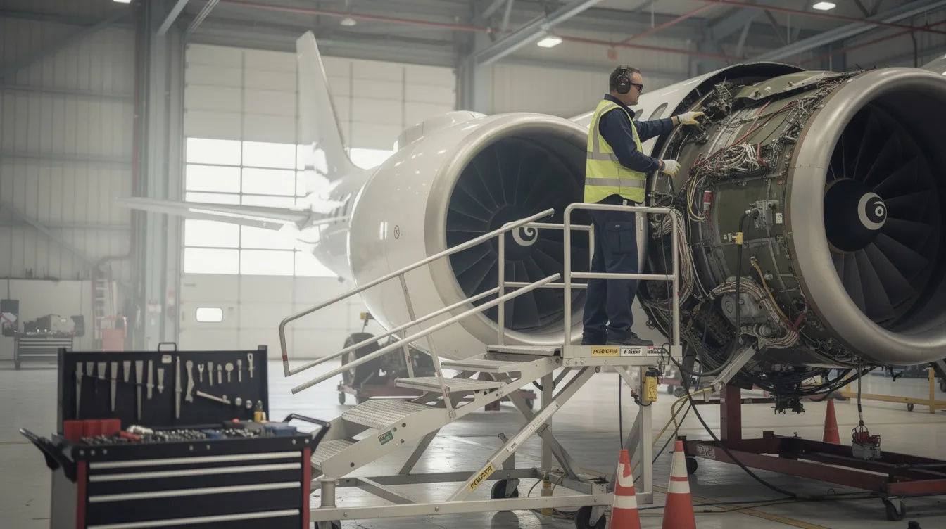 An aircraft maintenance technician is meticulously inspecting a jet engine inside a hangar, ensuring it meets safety standards and operational efficiency. This hands-on maintenance is crucial for aircraft management services, supporting aircraft owners in managing their private aviation needs.