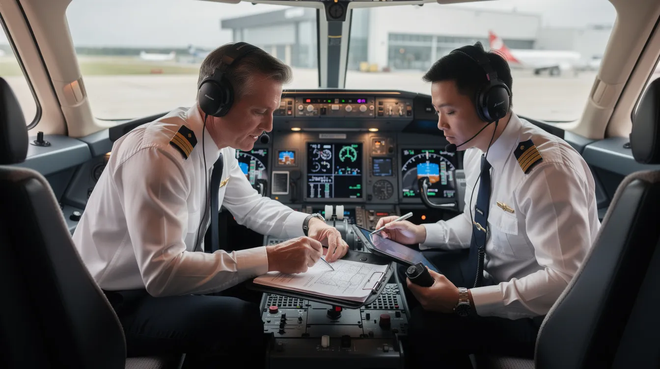 In a modern aircraft cockpit, two professional pilots, one of whom is Asian, are focused on reviewing flight documents to ensure all details are accurate for their upcoming flight operations. This scene emphasizes the critical role of safety standards and meticulous management in private aviation and aircraft management services.