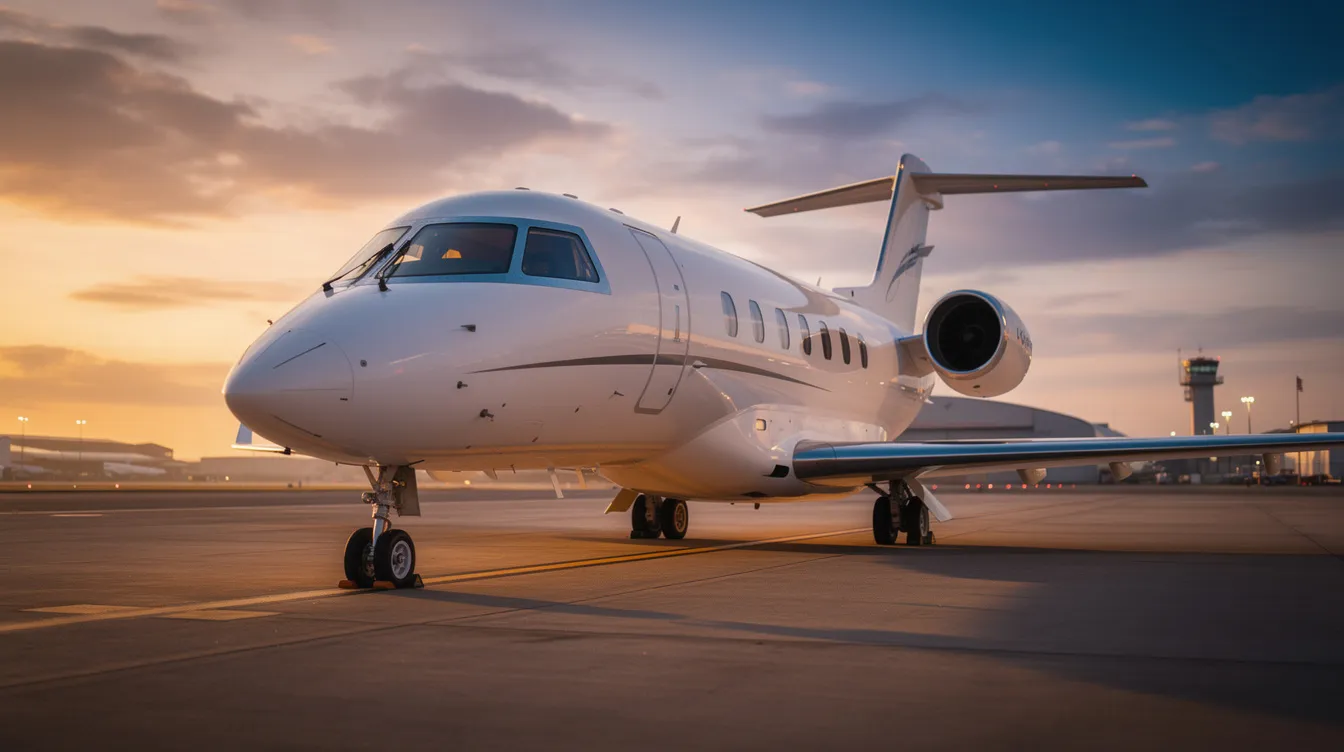 A sleek, modern private jet is parked on the tarmac, silhouetted against a vibrant sunset, showcasing the allure of private aviation. This scene reflects the luxury associated with private jets, appealing to aspiring pilots interested in the aviation industry and the potential for competitive salaries and benefits in private pilot careers.