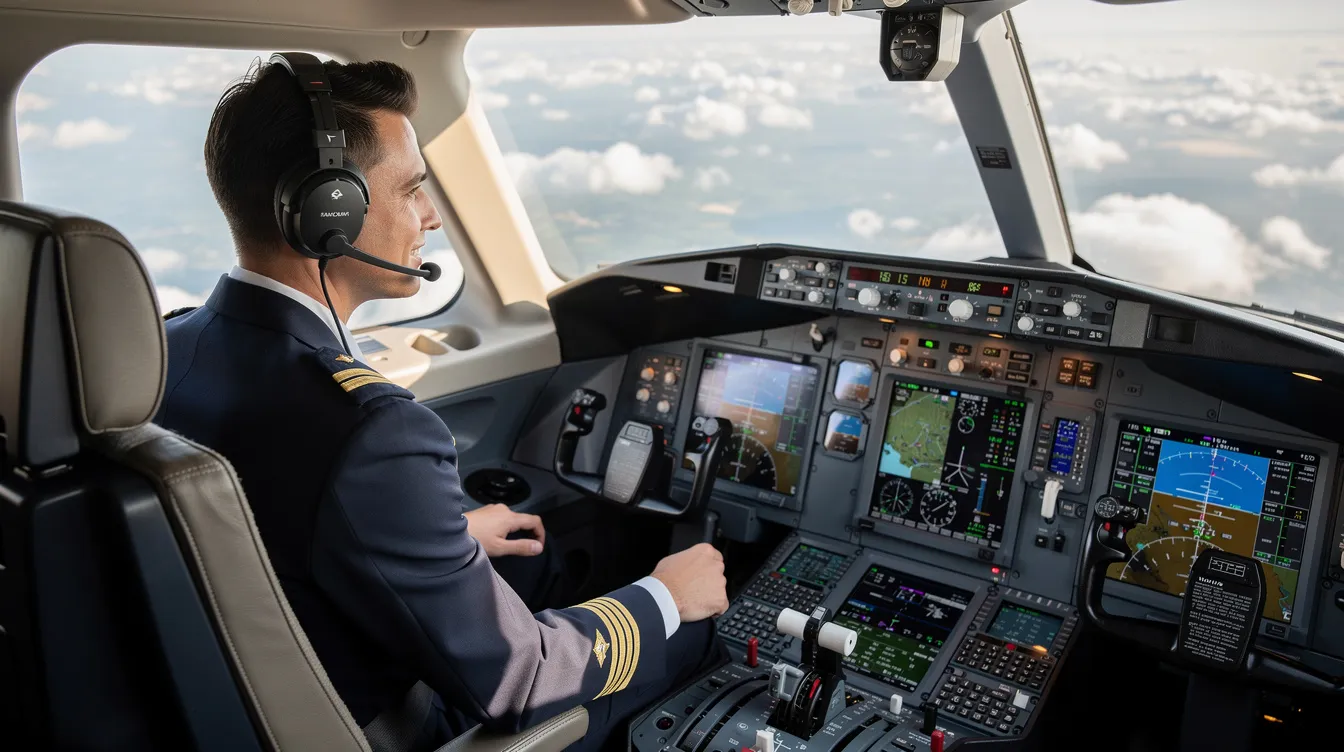 The image shows a professional pilot seated in a modern private jet cockpit, surrounded by advanced instrumentation and controls. This setting highlights the role of private jet pilots in the aviation industry, emphasizing their skills and the sophisticated aircraft they operate.