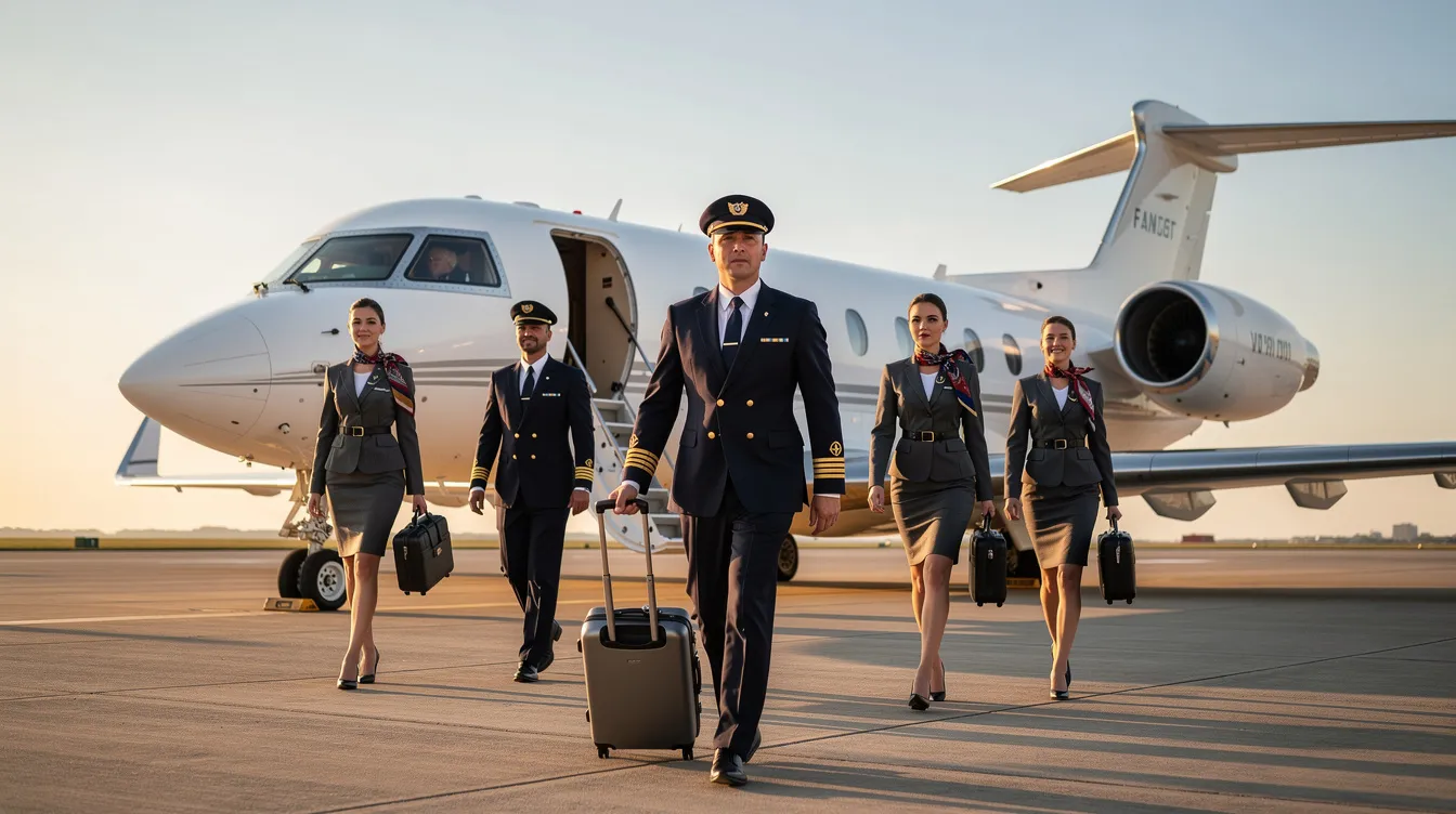 A flight crew, consisting of skilled pilots dressed in professional uniforms, walks confidently toward a private jet on the runway, ready to embark on a journey. This scene highlights the world of private aviation, where experienced pilots often command competitive salaries and enjoy flexible schedules compared to commercial airline pilots.
