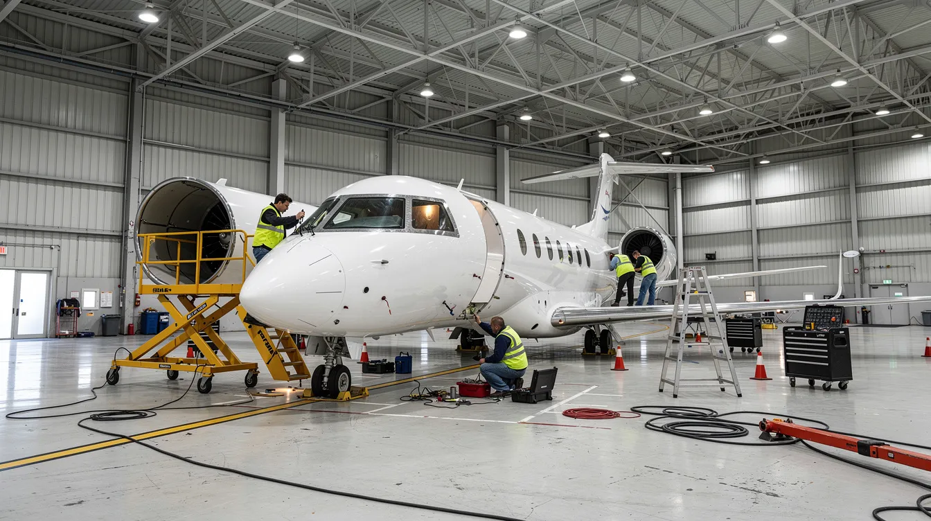The image depicts a private jet parked inside a spacious maintenance hangar, where technicians are actively engaged in various maintenance tasks. This scene highlights the importance of routine inspections and proactive maintenance planning for private jet owners, emphasizing the substantial operating costs associated with private aviation.