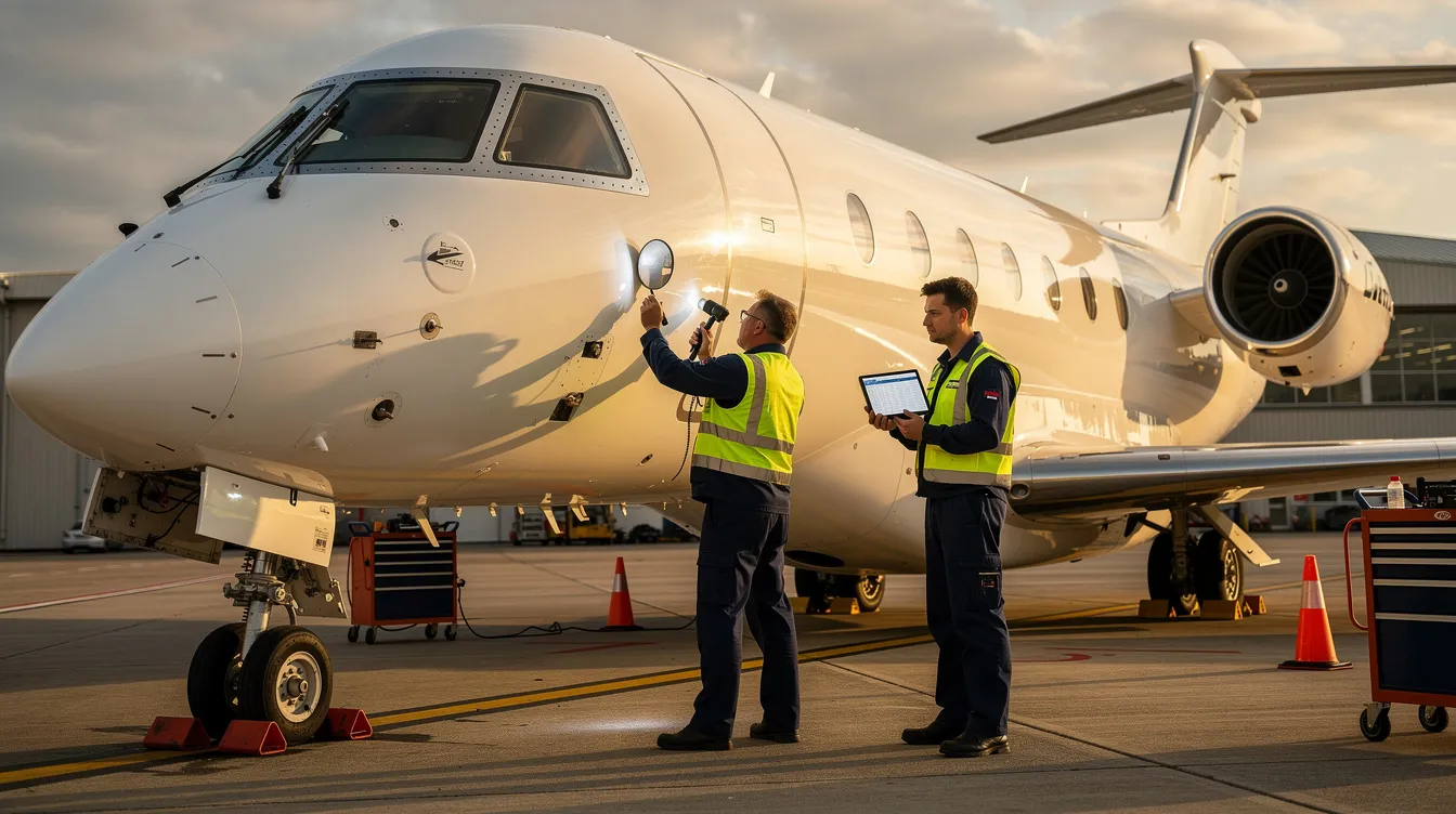 An aircraft maintenance crew is diligently examining the exterior of a business jet, ensuring it meets safety and operational standards. This routine inspection is essential for private jet owners to manage maintenance costs and ensure compliance with aviation regulations.