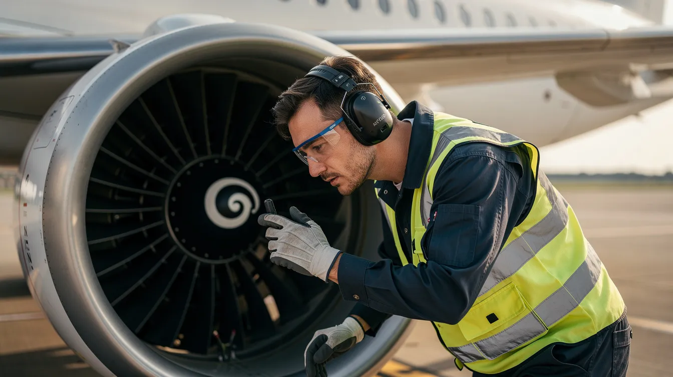 A close-up image shows an aircraft technician meticulously inspecting a jet engine, highlighting the importance of routine inspections in private jet maintenance. This process is essential for private jet owners to manage operational costs and ensure compliance with safety regulations.