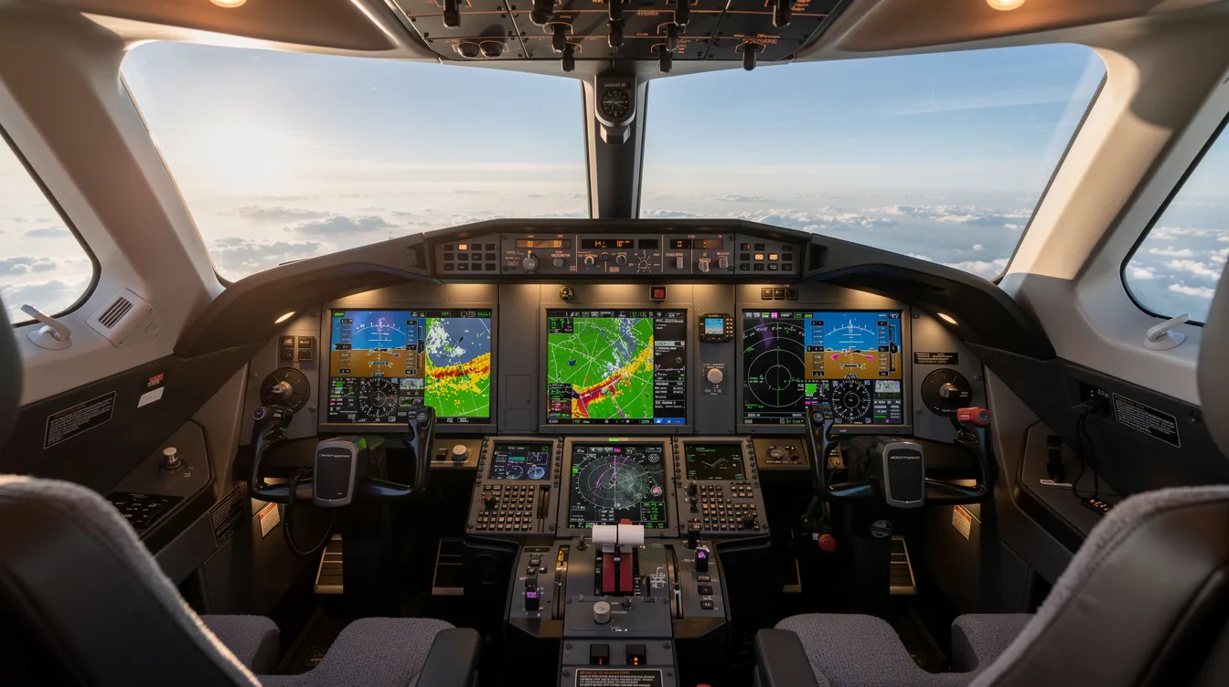 The image shows a private jet cockpit equipped with multiple navigation and weather displays, highlighting the advanced technology used in private aviation. This setup allows pilots to efficiently manage flight details and ensure safety standards during private flights.