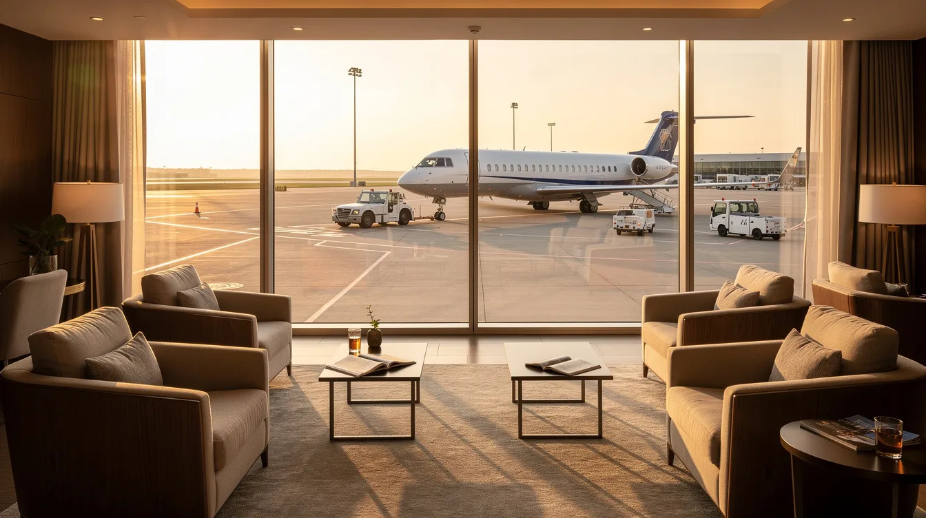 The image depicts a private terminal lounge featuring large windows that provide a view of aircraft on the ramp, highlighting the luxurious environment associated with private jet travel and the convenience of private aviation. Comfortable seating and modern decor enhance the experience for clients awaiting their charter flights.