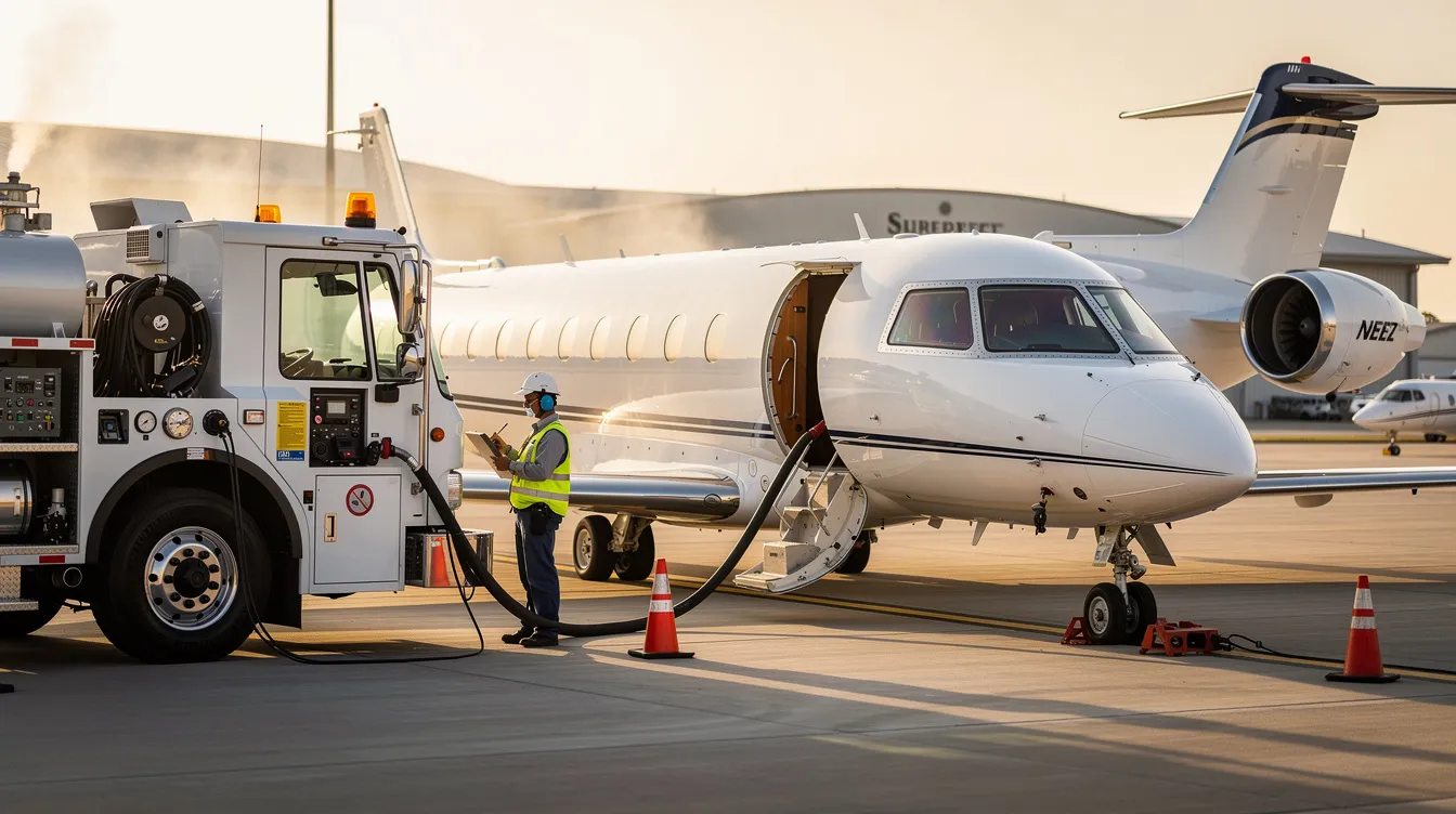 A fuel truck is servicing a midsize private jet on the ramp, showcasing the meticulous operations involved in private aviation. This scene highlights the dedication of private jet operators to ensure the aircraft is fully prepared for its next charter flight, emphasizing the luxury and efficiency of flying private.