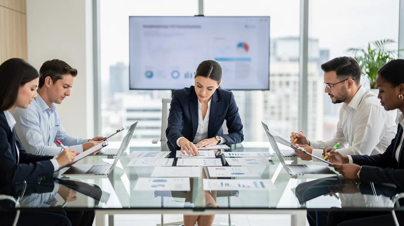 In a modern office setting, business professionals are gathered around a table, actively reviewing documents and discussing plans. The atmosphere is focused and collaborative, highlighting the importance of effective communication in the private aviation market, particularly in relation to private jet travel and charter options.
