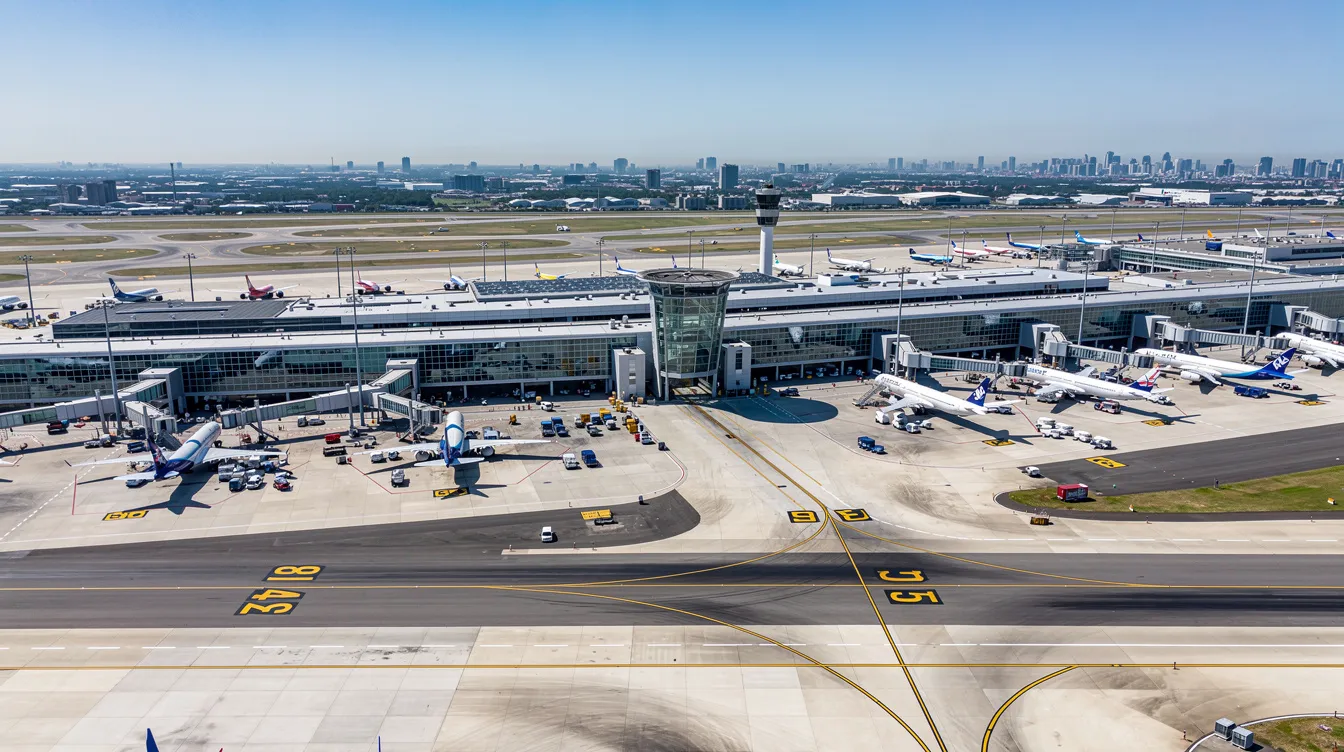 An aerial view of a bustling metropolitan airport showcases multiple aircraft on the tarmac, including private jets and commercial flights. This scene highlights the vibrant activity of the private aviation market, emphasizing the aircraft availability and various aircraft types that cater to both leisure and business travelers.