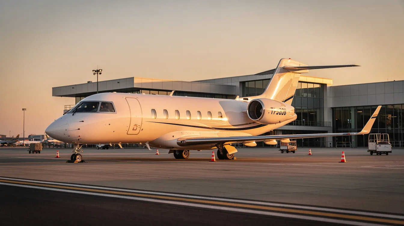 A sleek private jet is parked on the tarmac at an executive terminal, bathed in the warm glow of golden hour. This scene highlights the luxury of private aviation, showcasing the jet as an attractive option for those considering private jet travel or charter services.