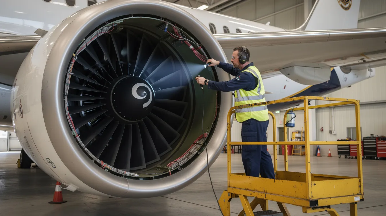 An aircraft maintenance technician is inspecting a jet engine inside a hangar, ensuring its operational safety and efficiency. This meticulous check is crucial for private jet travel, as it helps maintain the reliability of private aviation services.