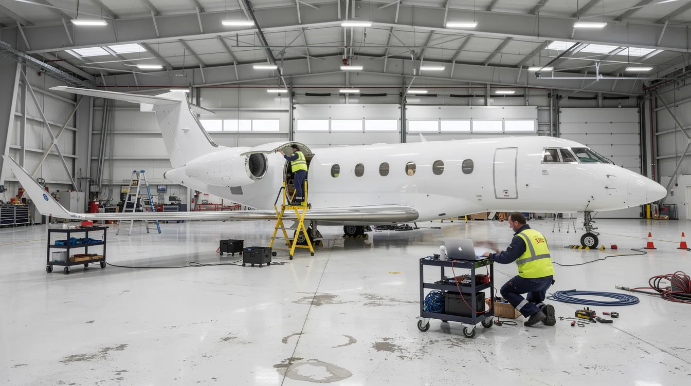 The image depicts a private jet inside a maintenance hangar, with technicians diligently working on its upkeep. This scene highlights the importance of aircraft insurance and maintenance costs in ensuring the safety and reliability of private jet travel.