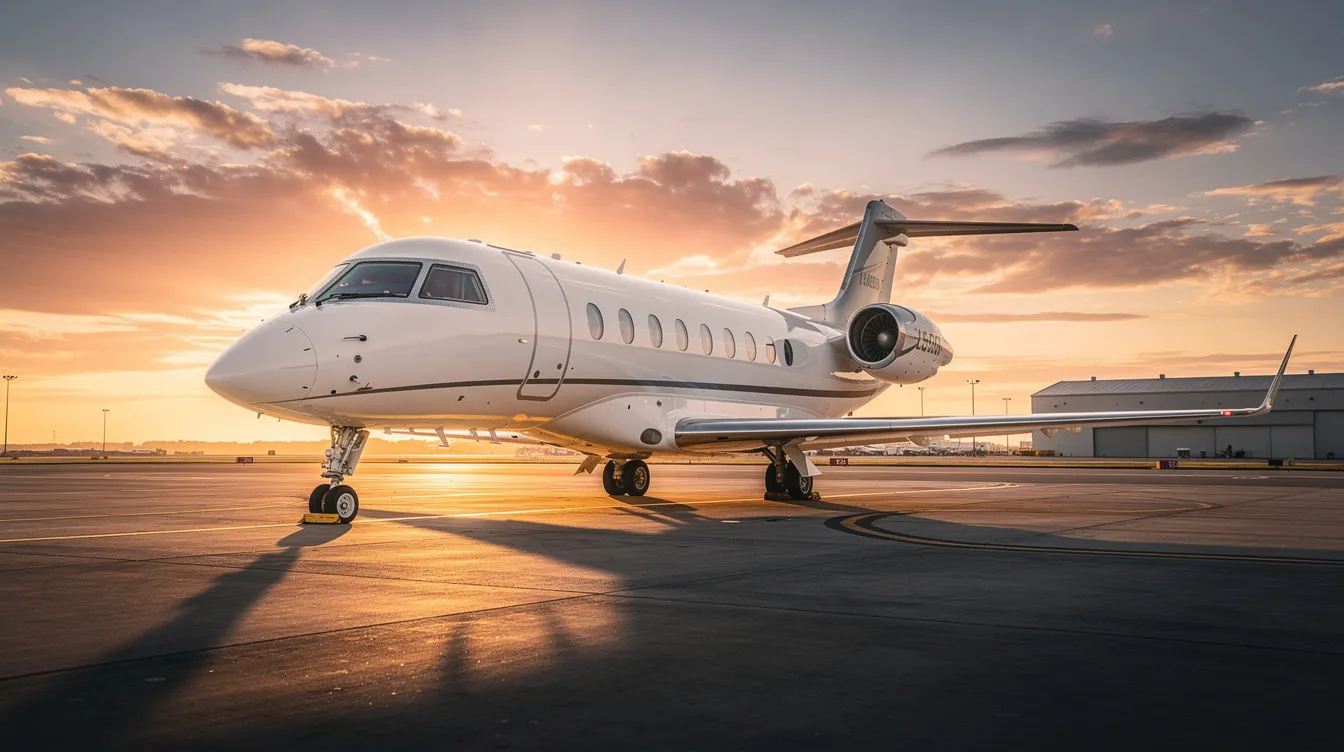A private jet is parked on the airport tarmac, bathed in the warm hues of a sunset, highlighting its sleek design and polished exterior. This scene evokes the allure of private jet travel, while also reminding aircraft owners of the importance of aviation insurance for protecting their valuable asset.