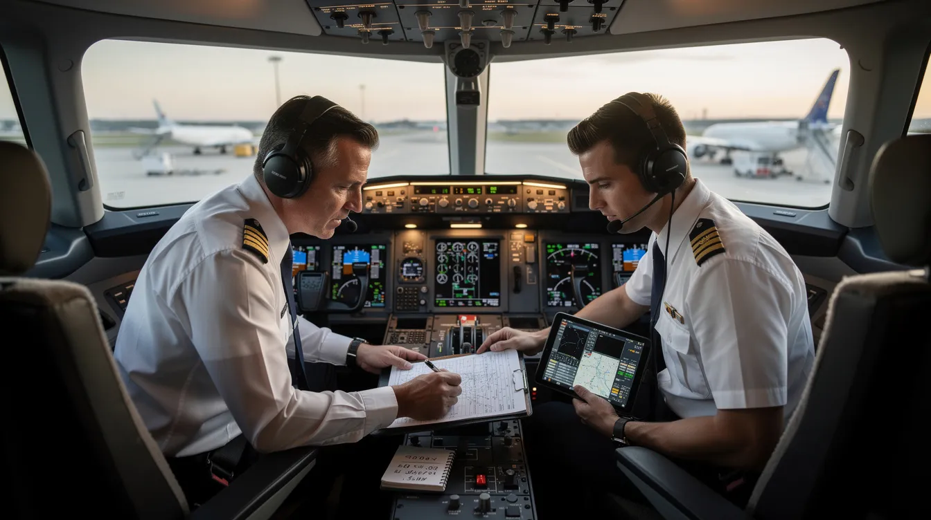 In a private jet cockpit, two experienced pilots meticulously review a flight plan, emphasizing the critical aspects of operational costs and safety in aviation. The scene underscores the importance of aircraft insurance, including liability coverage and hull value, as they prepare for their upcoming journey.