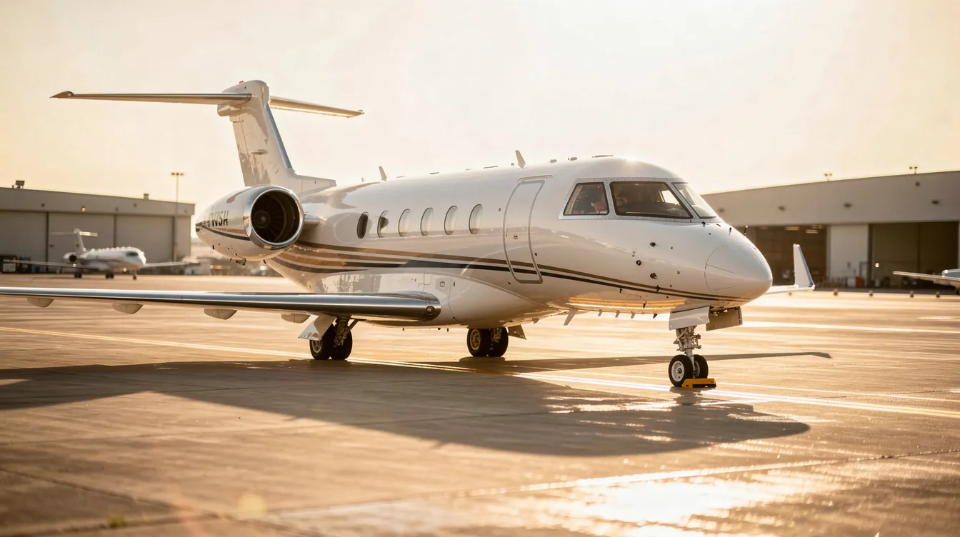 A sleek private jet is parked on a sunlit airport tarmac, exemplifying the luxury of private aircraft ownership and the various aircraft financing options available for potential buyers. This image captures the allure of flying private, highlighting the significant investment and convenience associated with owning a business aircraft.