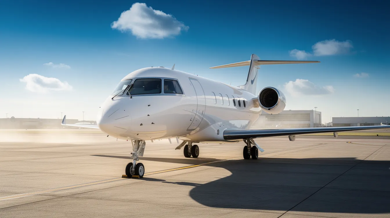 A sleek private jet is parked on a sunny airport tarmac, set against a vibrant blue sky, showcasing its luxurious design and inviting potential buyers to consider the benefits of private jet ownership. The scene emphasizes the allure of luxury travel and the importance of a well-maintained aircraft in the private jet sales market.