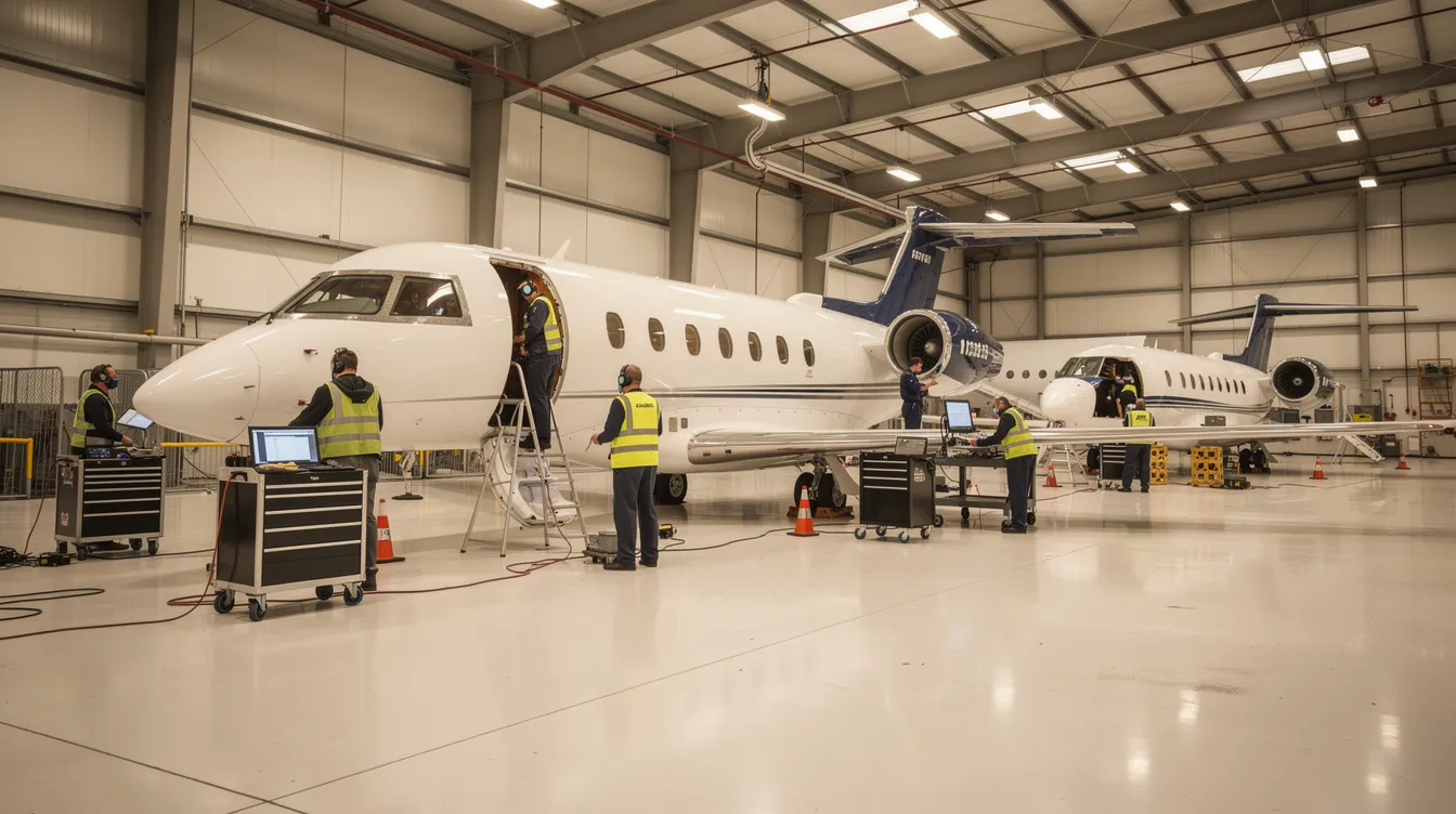 In a well-lit aircraft hangar, a private jet is being serviced by technicians who are diligently ensuring it is ready for upcoming private flights. Another jet is also visible on the side, highlighting the importance of maintenance in private aviation and the skilled professionals supporting private charters and flight plans.