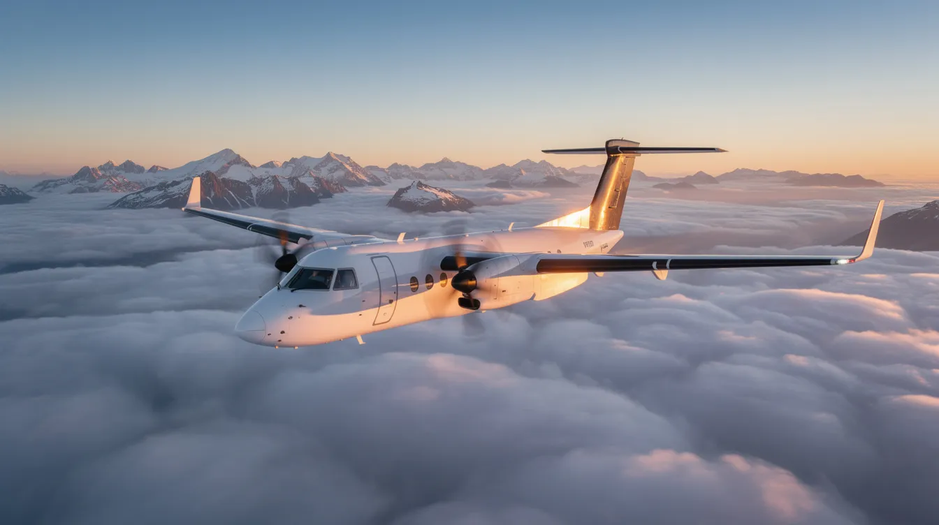 A turboprop aircraft is soaring above a sea of fluffy clouds, with majestic mountains visible in the background, showcasing the beauty of private aviation. This smaller aircraft is ideal for accessing smaller airports and offers an efficient option for short haul flights and business travel.