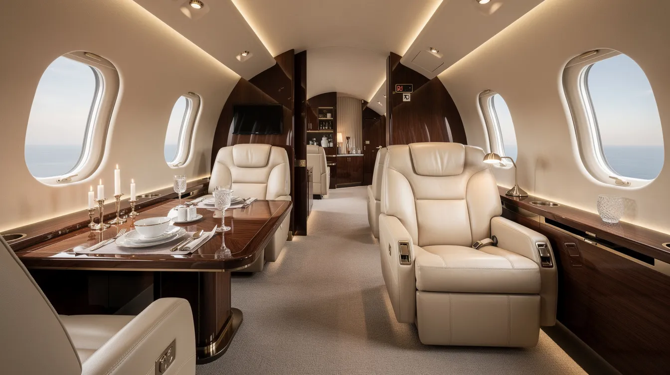 The image depicts a luxurious heavy jet interior featuring a spacious cabin with elegant dining areas and plush reclining leather seats, designed for a premium private aviation experience. This inviting space is ideal for business travel, accommodating up to nine passengers comfortably, with additional cabin space for relaxation and productivity.