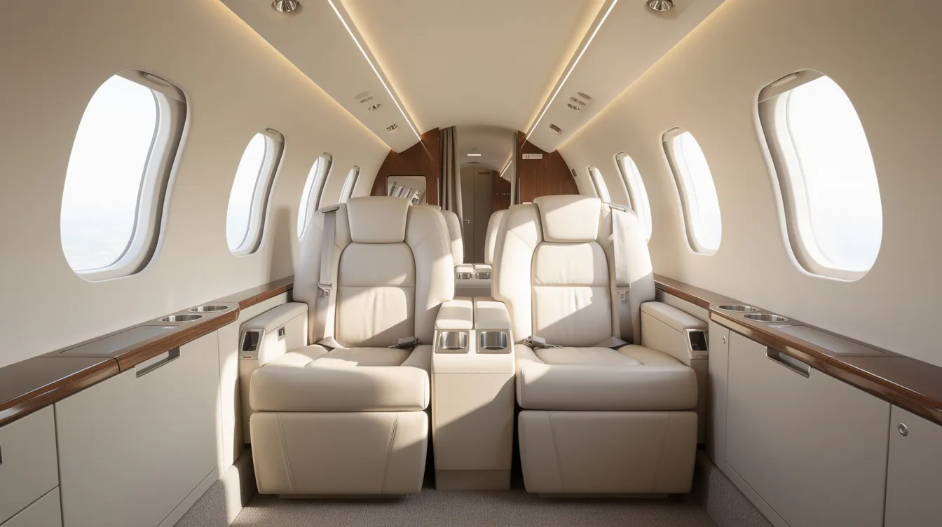 The image depicts the interior of a light jet, showcasing a luxurious leather club seating arrangement with large windows that allow natural light to fill the spacious cabin. This setting exemplifies the comfort and elegance associated with private aviation, perfect for business travel or private air travel with up to nine passengers.