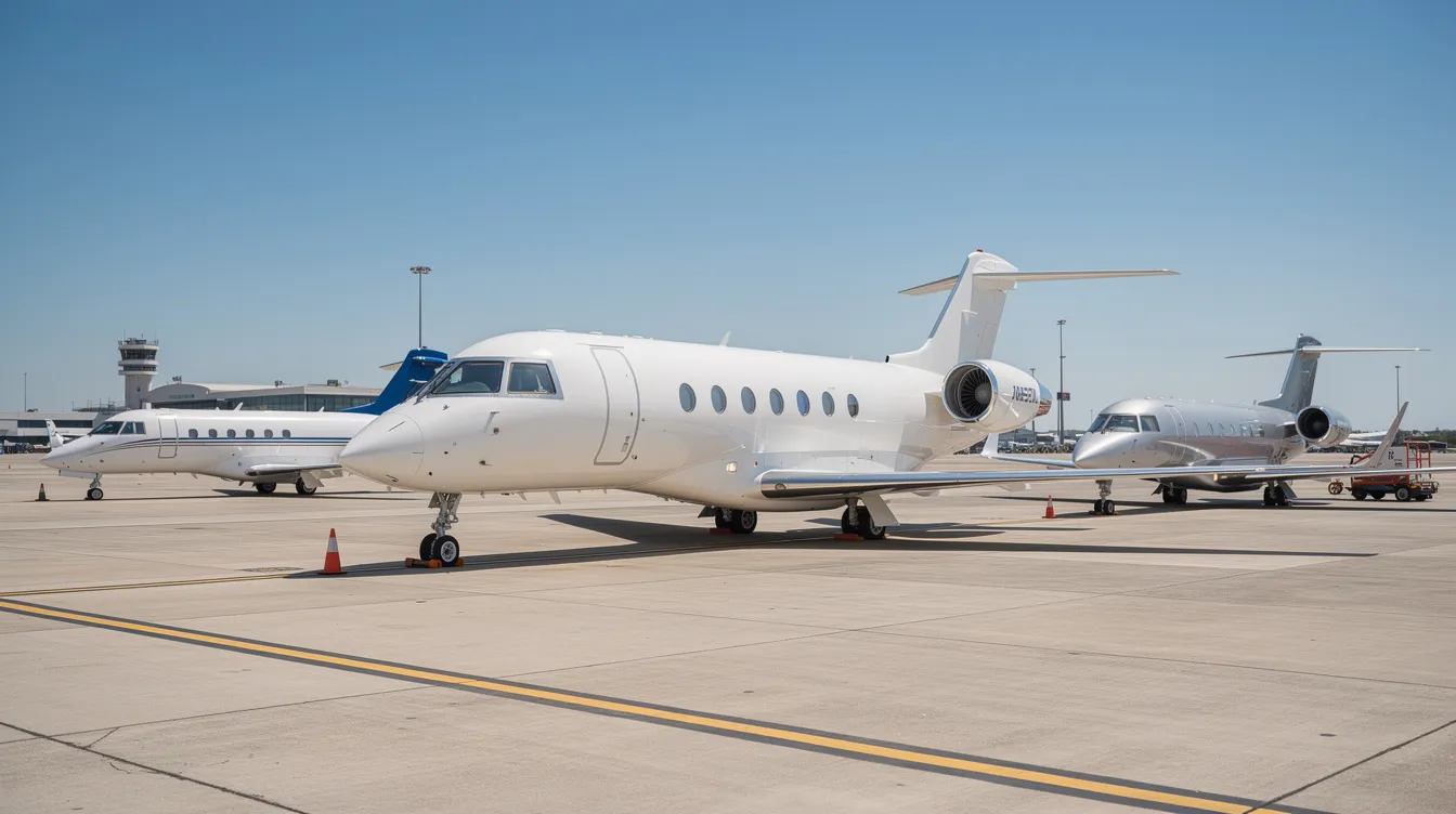 The image shows several private jets of various sizes parked on an airport tarmac under a clear blue sky, showcasing different types of private jets including light jets, mid-size jets, and ultra long range jets. This scene highlights the diversity in private aviation, with aircraft designed for both short haul flights and transcontinental travel, accommodating up to nine passengers with spacious cabins and luxurious amenities.
