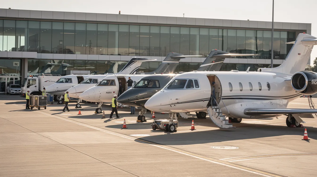 The image depicts multiple business jets lined up at a bustling private aviation terminal, where ground crew members are actively preparing the aircraft for upcoming flights. This scene highlights the increasing demand for private jet travel and the efficiency of private aviation services in catering to business travelers.