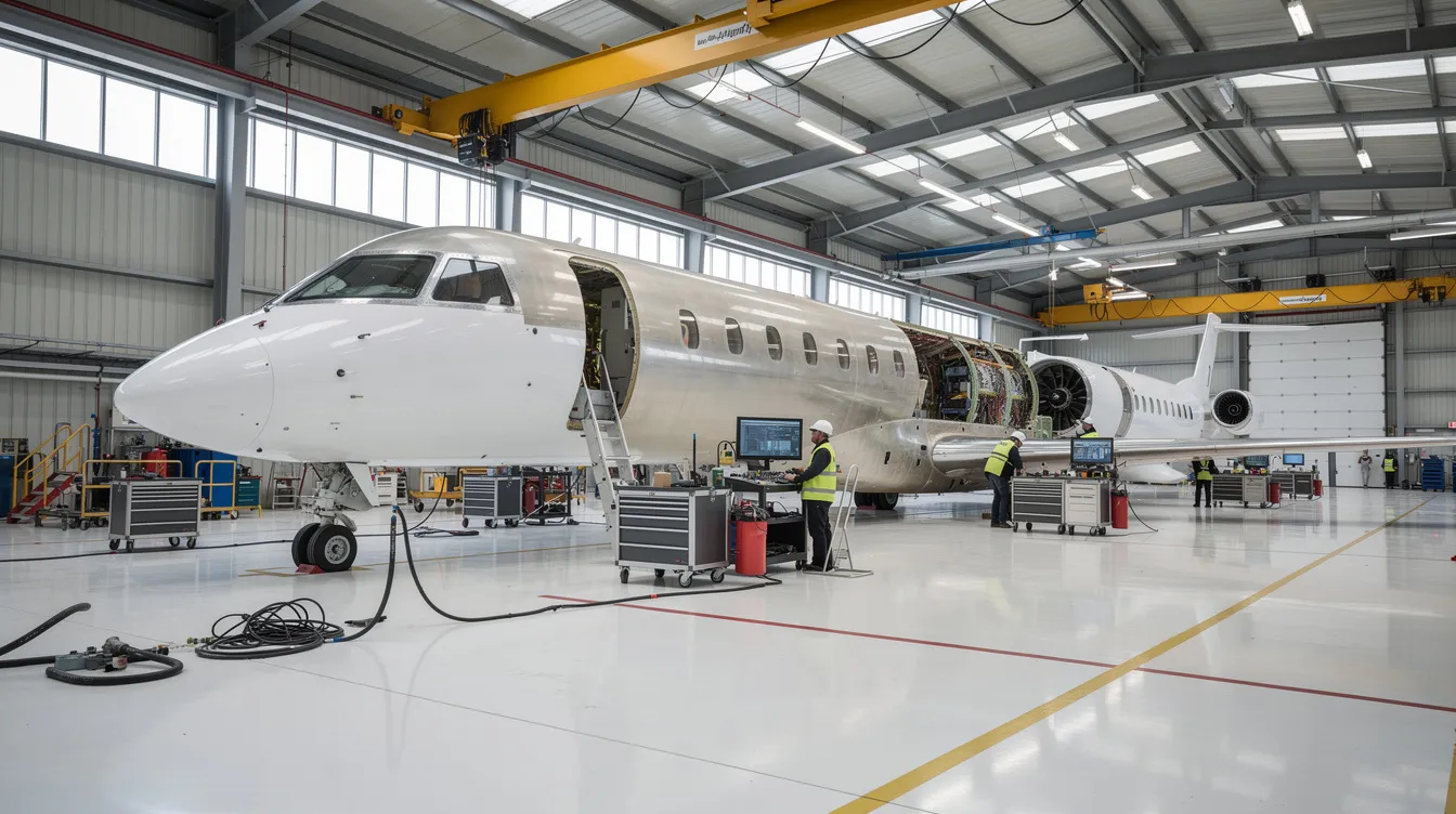 The image depicts a modern business jet manufacturing facility, showcasing aircraft fuselages at different assembly stages, reflecting the advancements in the private aviation industry. This scene illustrates the increasing demand for private jets and the industry's focus on fuel efficiency and lightweight materials to enhance private aviation services.