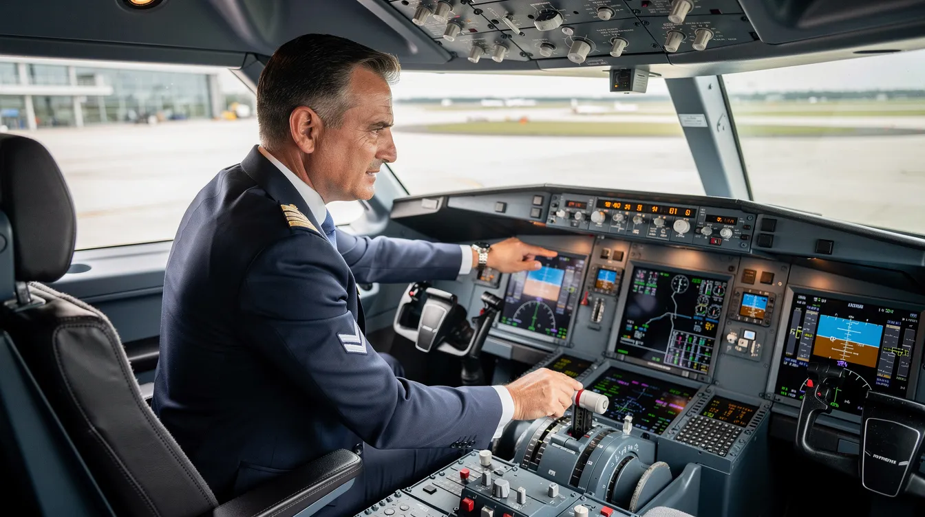A professional pilot in business attire is conducting pre-flight checks inside a modern jet cockpit, showcasing the meticulous attention to detail essential in the private aviation industry. The cockpit features advanced technology, highlighting the growing demand for private jets and the industry's focus on efficiency and safety.