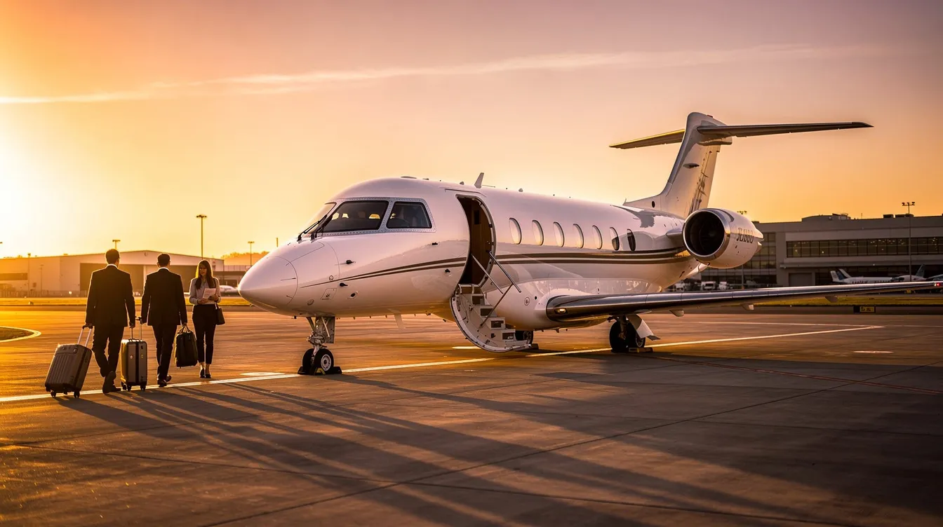 A sleek light jet is parked on an airport tarmac at sunset, with passengers approaching the stairs to board. This scene captures the essence of private jet travel, highlighting the luxury and convenience of flying privately.