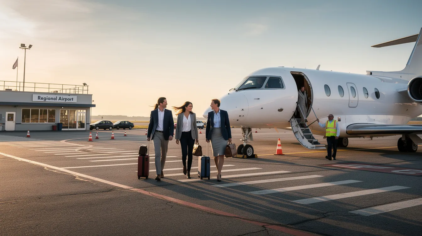 A group of business travelers is boarding a sleek private jet at a small regional airport, ready for their private flight. This scene highlights the convenience and luxury of private jet travel, which offers a tailored experience compared to commercial aviation.