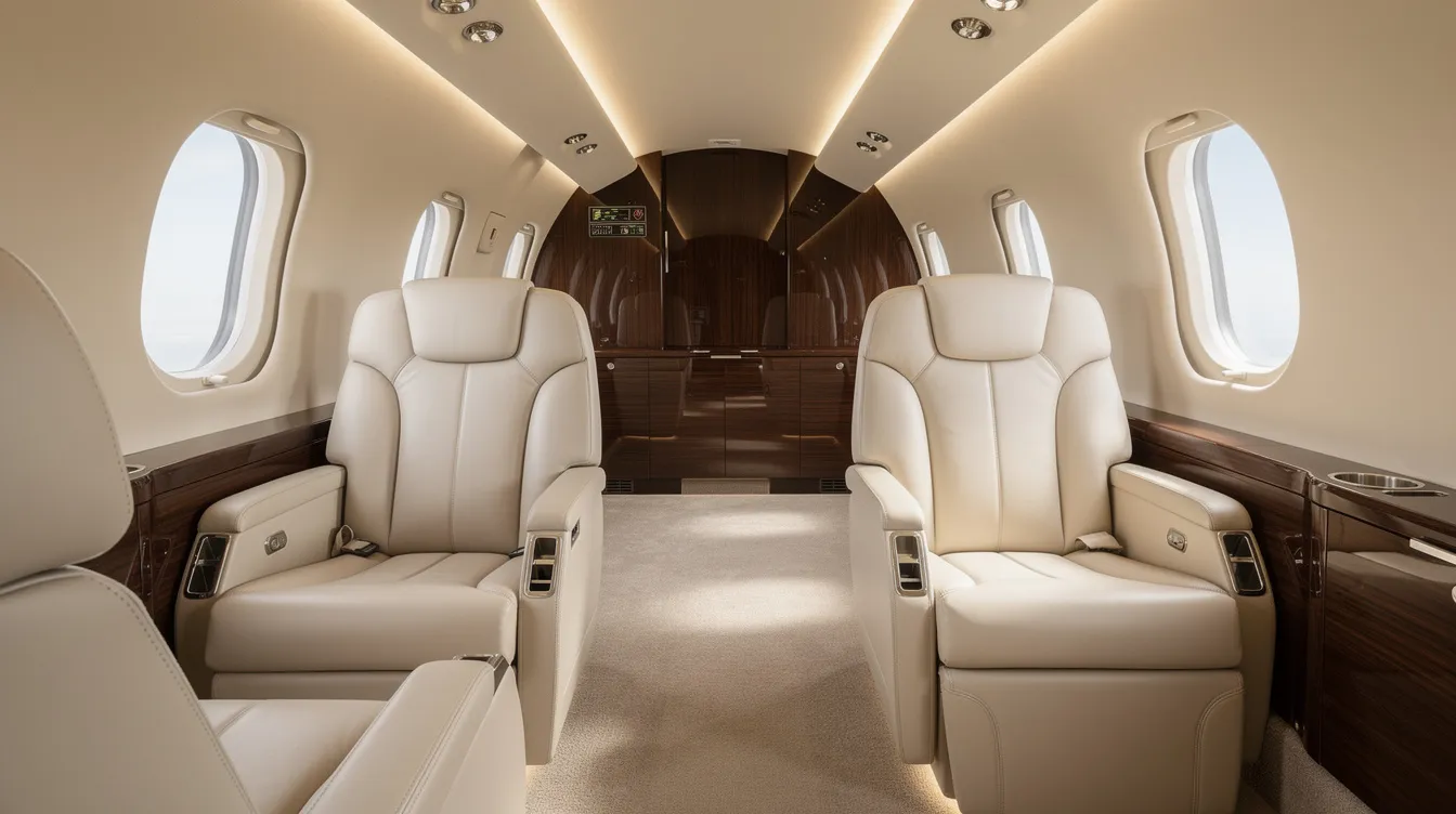 The image depicts the interior of a luxurious heavy jet cabin, featuring plush leather seats and elegant wood trim, reflecting the opulence associated with private jet travel. This lavish setting highlights the comfort and sophistication that come with private jet charter services, ideal for those exploring private jet rental costs and amenities.