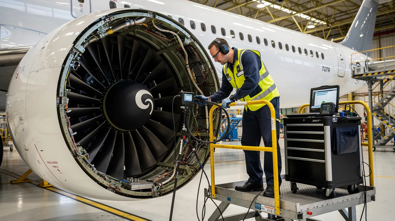 An aircraft mechanic is inspecting a jet engine using specialized equipment, highlighting the rigorous maintenance and safety standards essential in the private aviation industry. This meticulous inspection process is crucial for ensuring the overall flight safety of modern private jets.
