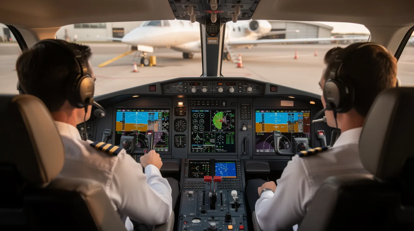 Two private jet pilots are seated in a modern business jet cockpit on the tarmac, carefully reviewing flight instruments and data displays to ensure compliance with safety standards in private aviation. The cockpit showcases advanced avionics and innovative safety features, emphasizing the importance of private jet safety and operational protocols.