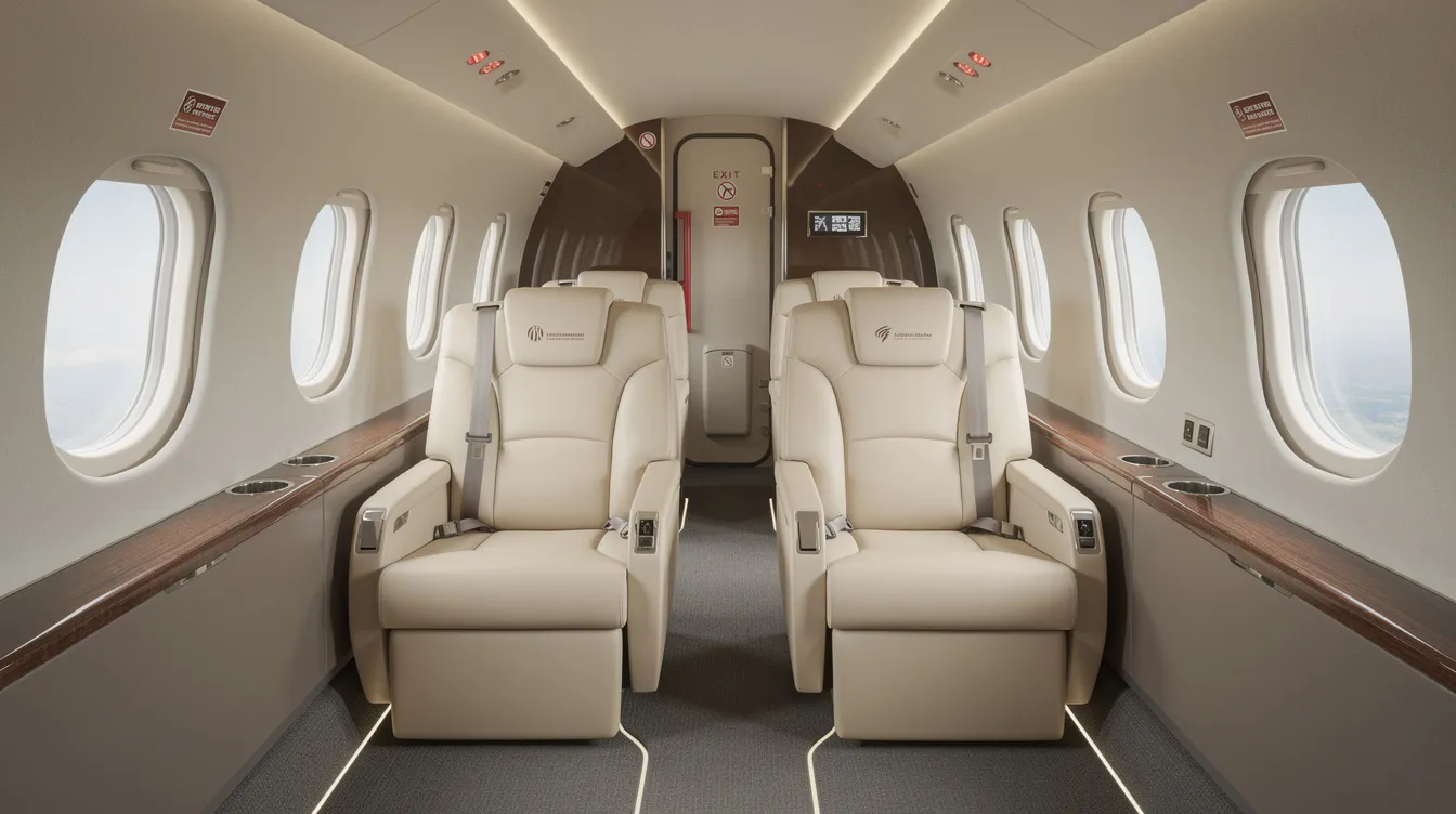 The image depicts a luxurious business jet cabin interior, featuring comfortable seating and various innovative safety features designed to enhance passenger safety during private jet travel. The modern design reflects the high standards of the private aviation industry, emphasizing both comfort and security for those flying private.