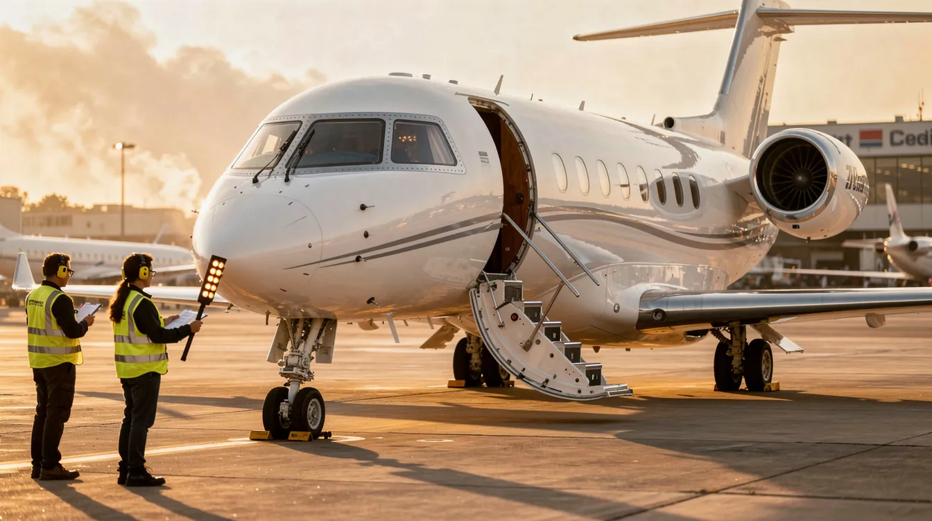 A private jet is parked on the tarmac with its stairs extended, while a ground crew is nearby, preparing for an upcoming international private jet flight. This scene captures the convenience and luxury of private aviation, offering travelers a seamless experience for their journey to a foreign country.