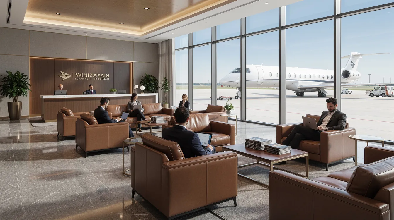 The image depicts the interior of a business aviation terminal, featuring comfortable seating arrangements and large windows that provide a view of the runway, ideal for travelers flying private for their international journeys. This luxurious space emphasizes convenience and personalized service, catering to those embarking on private jet travel.