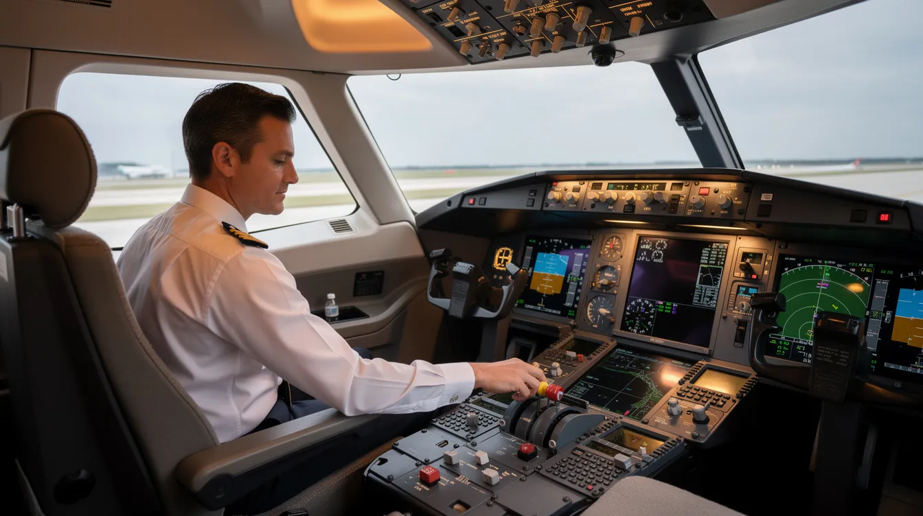 The image depicts the interior of a private jet cockpit, where a pilot is focused on preparing the instruments for takeoff. The scene highlights the advanced technology and controls typical in private aviation, ensuring a safe and enjoyable journey for passengers flying private.