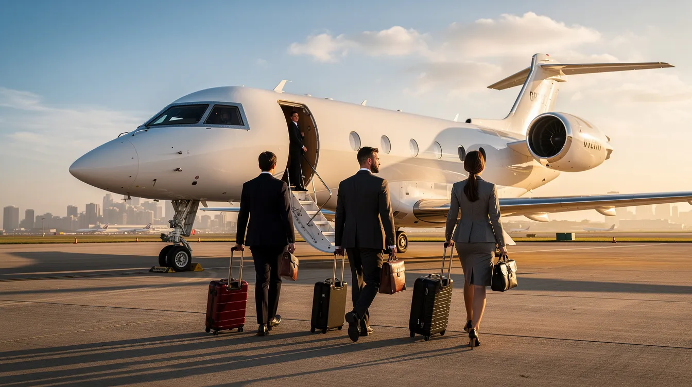 A group of business travelers is walking towards a private jet on the tarmac, ready for their charter flight. The scene captures the essence of private aviation, highlighting the convenience and personalized service offered by private jet companies for an enjoyable journey.