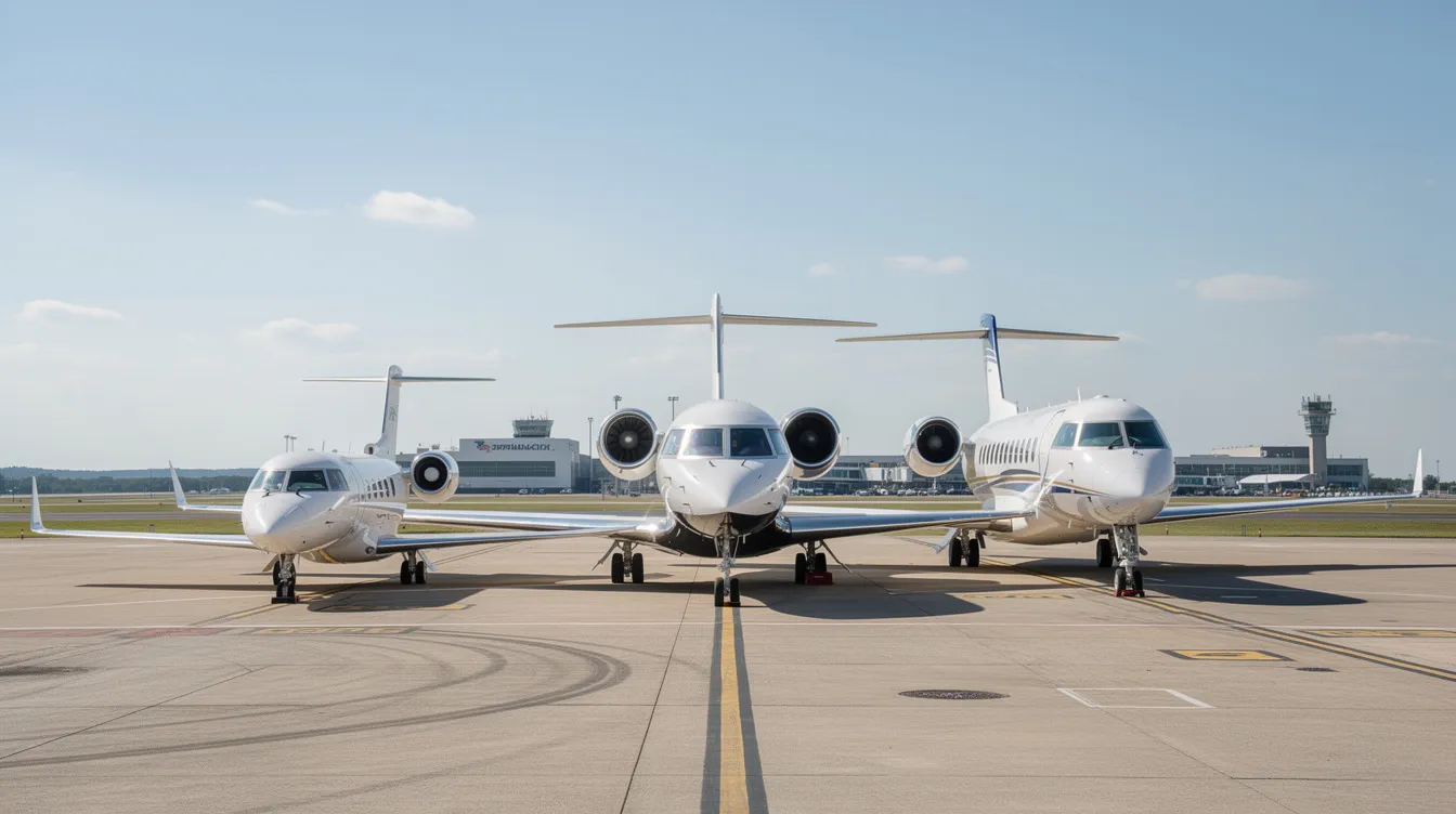 The image shows three private jets of varying sizes parked side by side on a runway, illustrating the differences in dimensions for potential buyers considering private jet ownership. This visual comparison highlights the substantial operating costs and initial purchase price associated with different models, such as light jets and ultra long range aircraft.