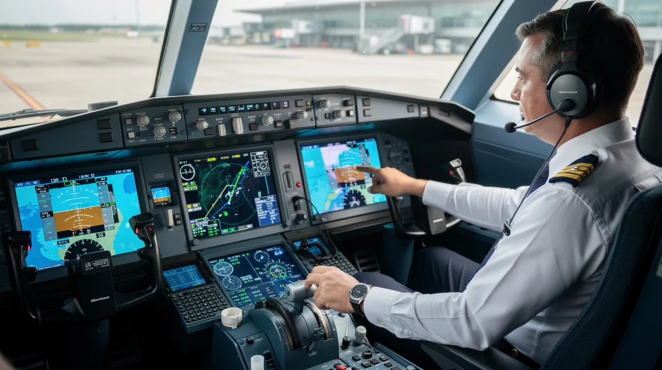 A pilot sits in a modern cockpit, intently reviewing a digital flight planning system that displays various data, including flight hours and fuel efficiency. This scene highlights the complexities of private jet ownership, emphasizing the importance of managing operating costs and understanding the substantial annual expenses associated with private aviation.