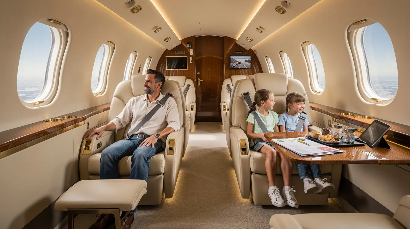 A family is relaxing in the spacious cabin of a private jet, enjoying the luxurious interior while securely fastened with seatbelts. This scene illustrates the comfort of private aviation, highlighting the substantial operating costs and ownership expenses associated with private jet travel.